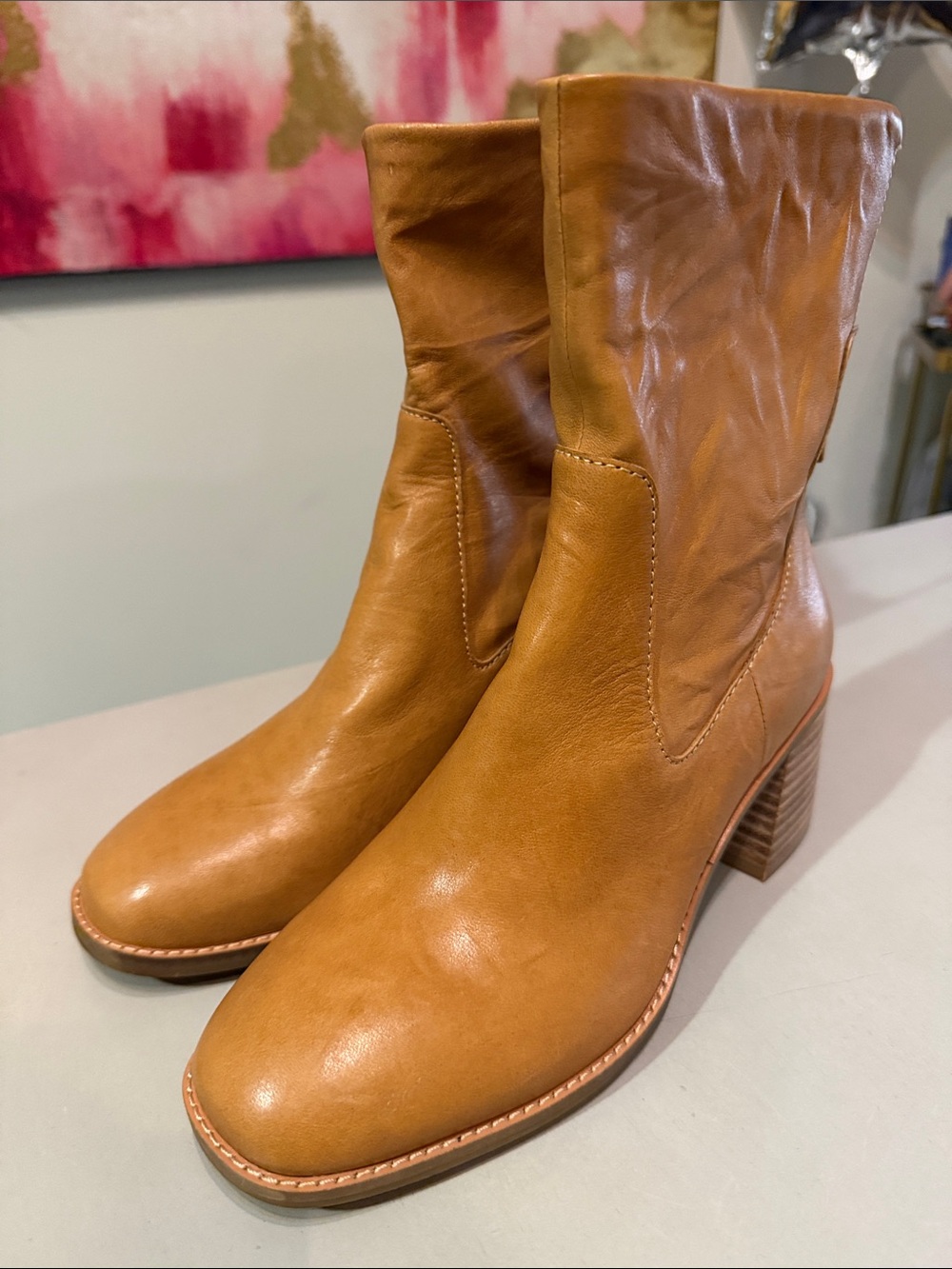 Kelsi Dagger Women's Tan Leather Mid-Calf Block Heel Boots